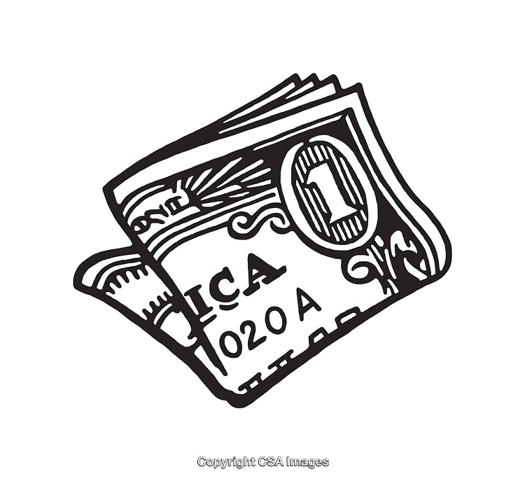 Black and White Line Art of Folded Banknotes Illustration