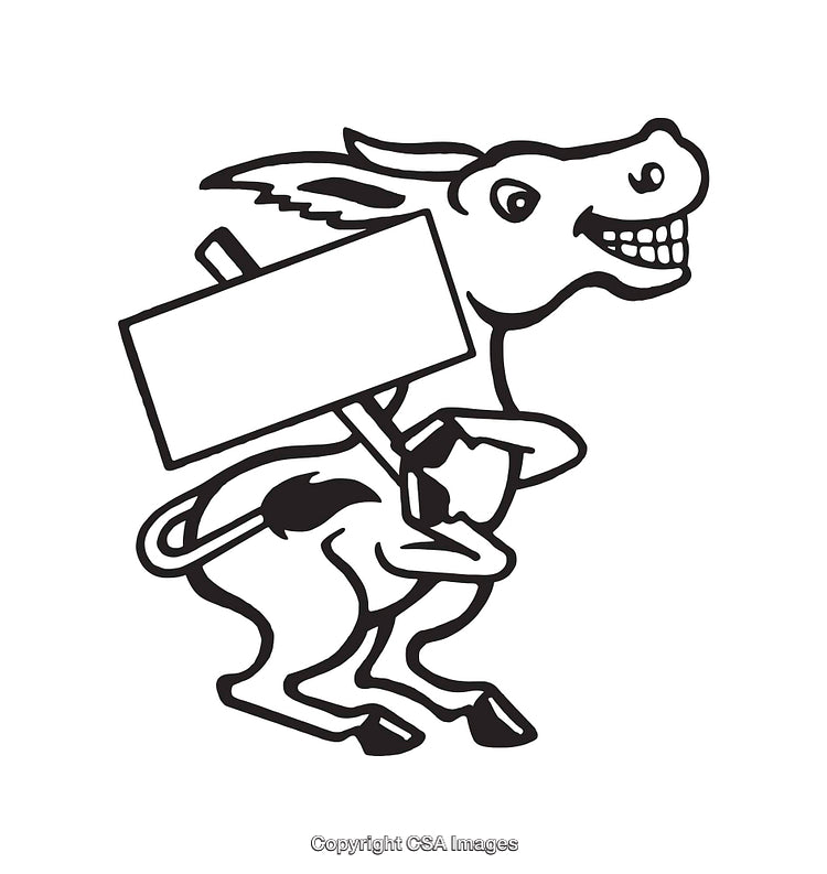 Black and White Line Art of Smiling Donkey Holding a Blank Sign