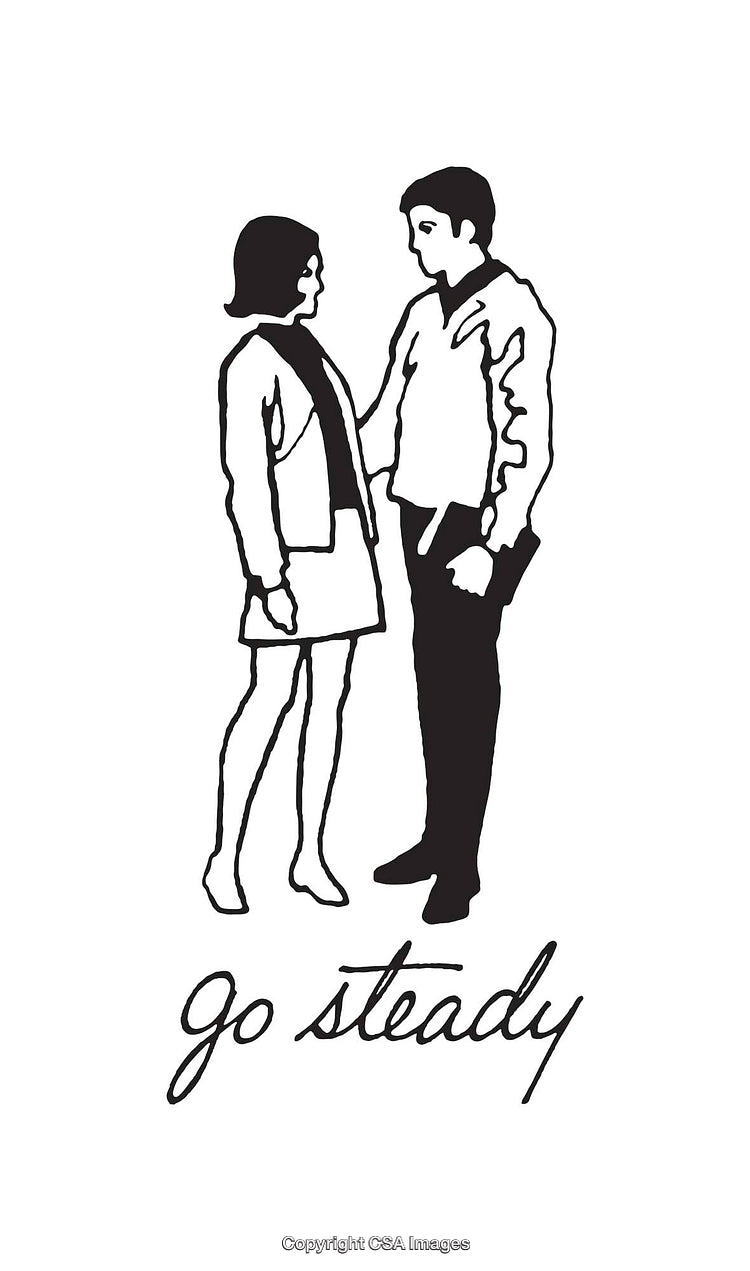 Black and White Line Art of a Couple With 'Go Steady' Text