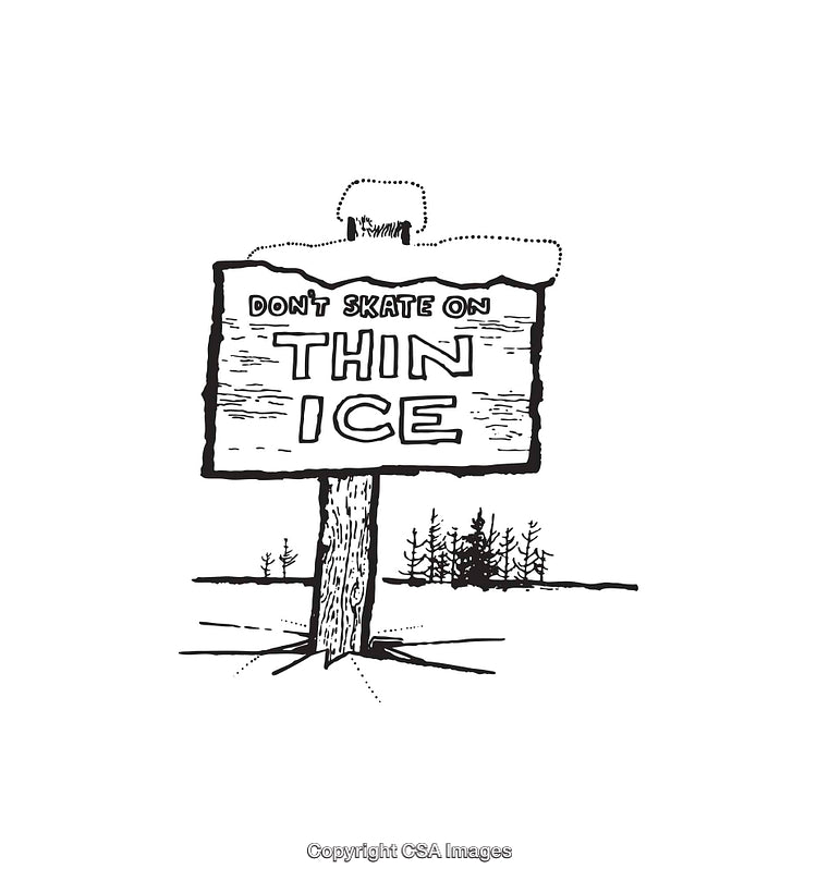 Illustrated Black and White Sign Warning of Thin Ice Conditions
