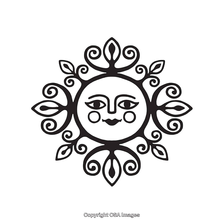 Decorative Black and White Sun Illustration with Artistic Swirls and Leaves