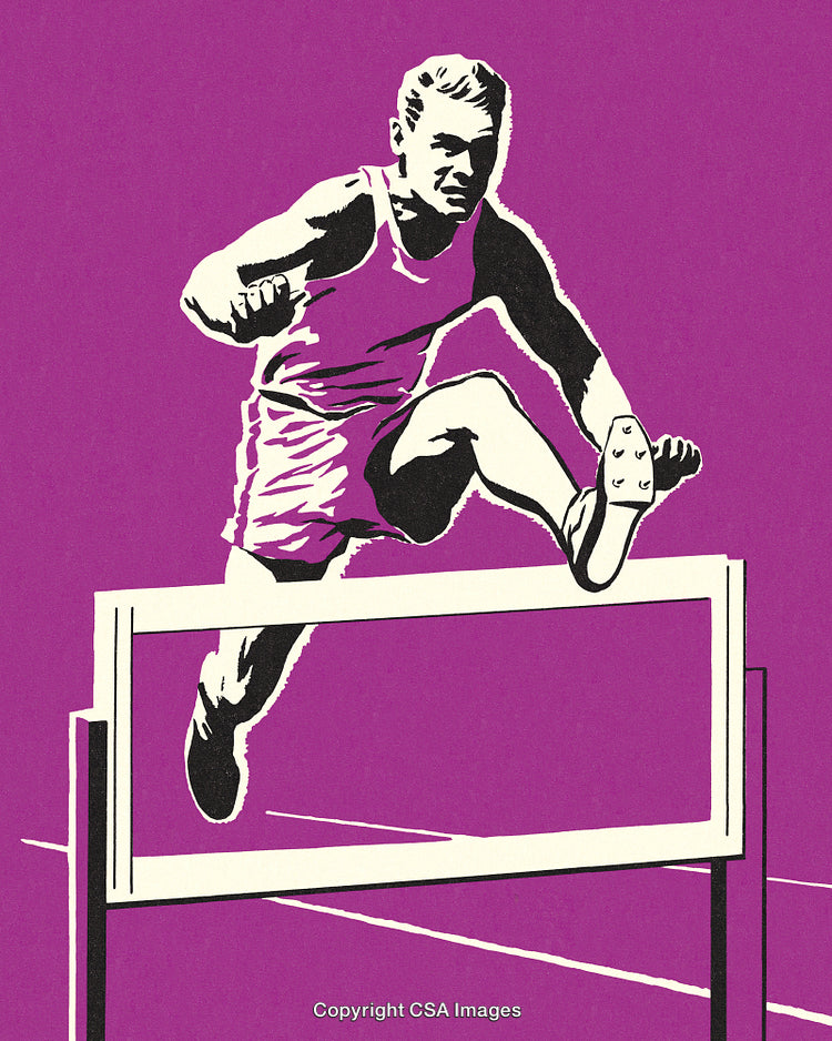 Athlete Hurdling Over Obstacle on Purple Background in Stylized Artwork