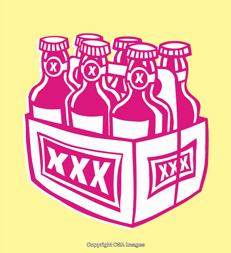 Colorful Line Art Illustration of Beverage Bottles in a Crate