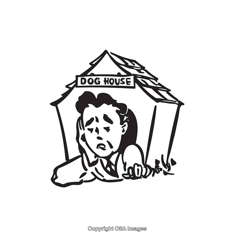 Man Sitting in Dog House Depicting Regretful Expression Line Illustration