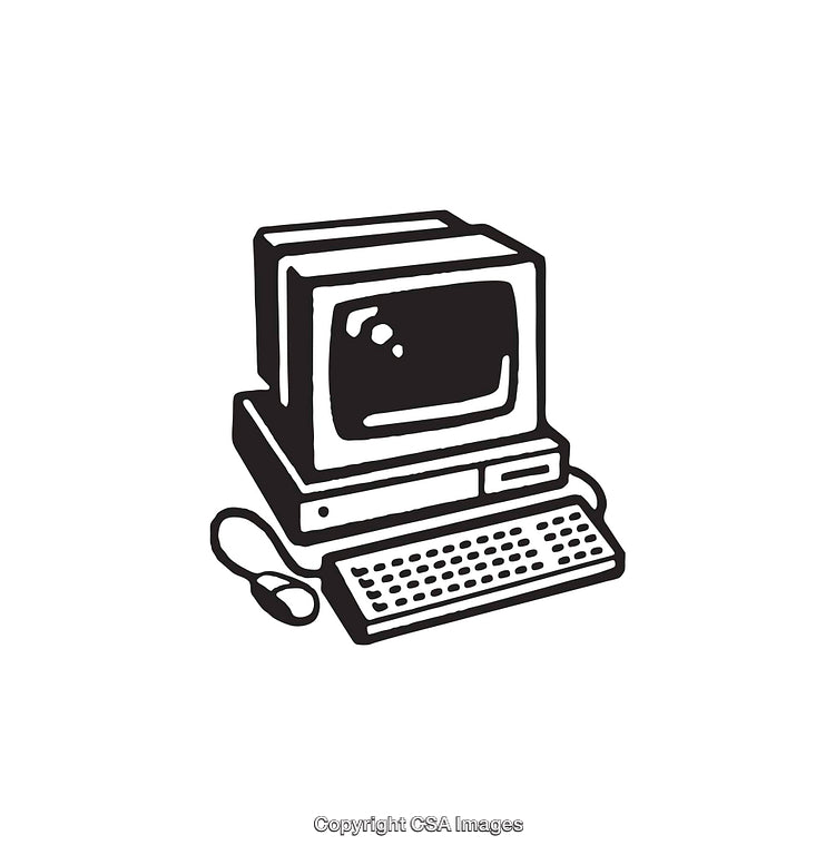 Retro Black and White Illustration of a Vintage Desktop Computer