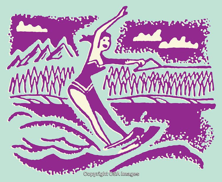 Colorful Line Art Illustration of a Person Surfing in a Natural Scene
