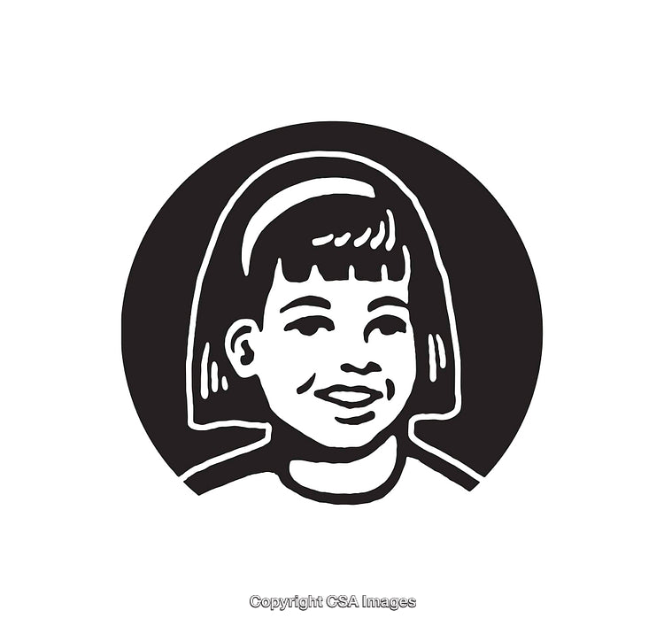 Black and White Line Art Illustration of a Smiling Girl in a Circle