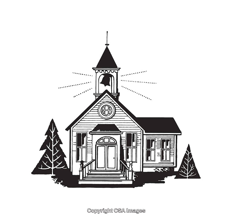 Rustic Country Church Illustration in Black and White Line Art