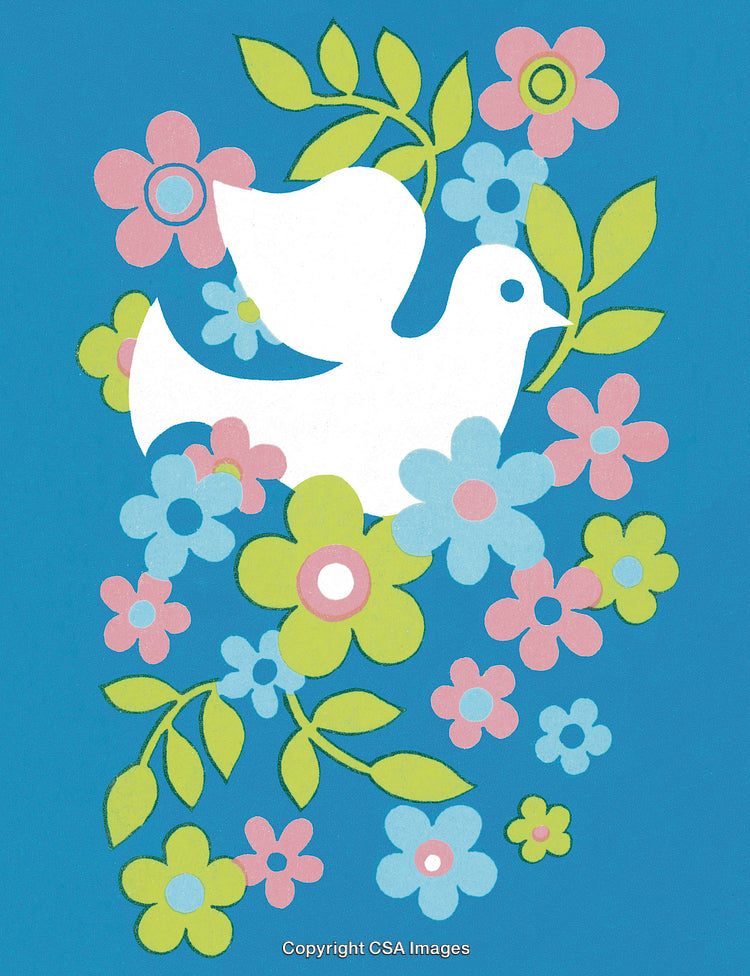 White Dove with Colorful Flowers on a Vibrant Blue Background