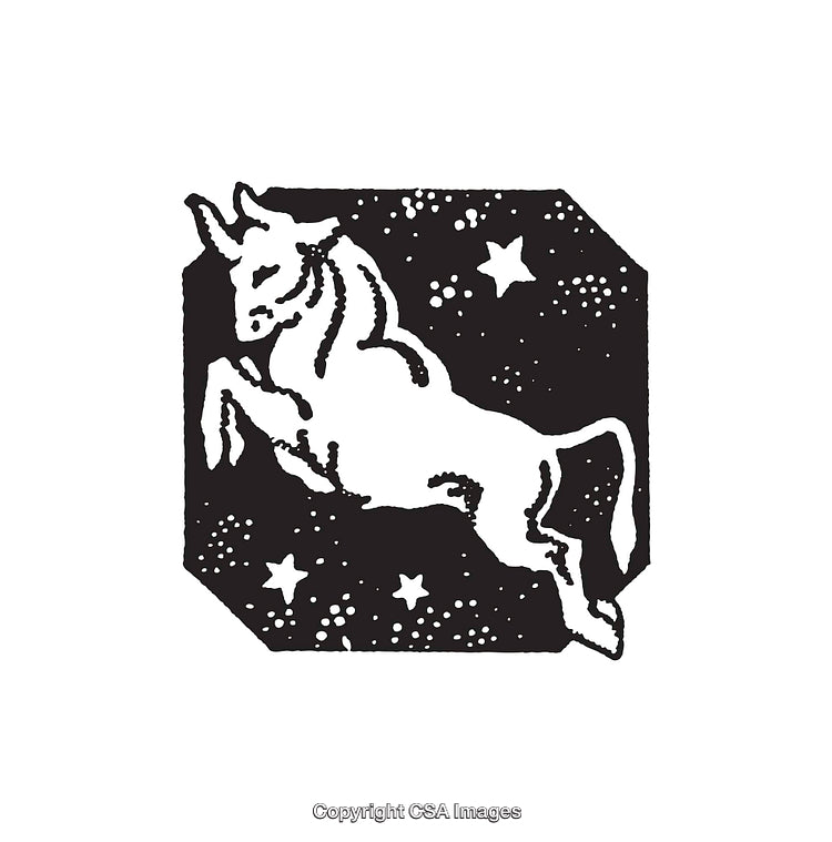 Vintage Black and White Illustration of a Mythical Bull in a Starry Scene
