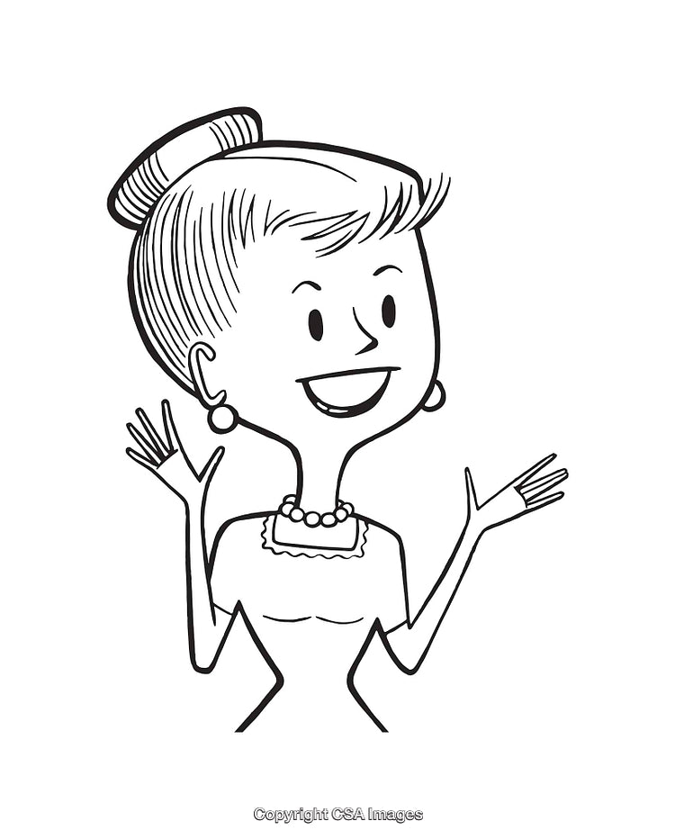 Vintage Cartoon Woman Smiling with Hand Gestures in Black and White