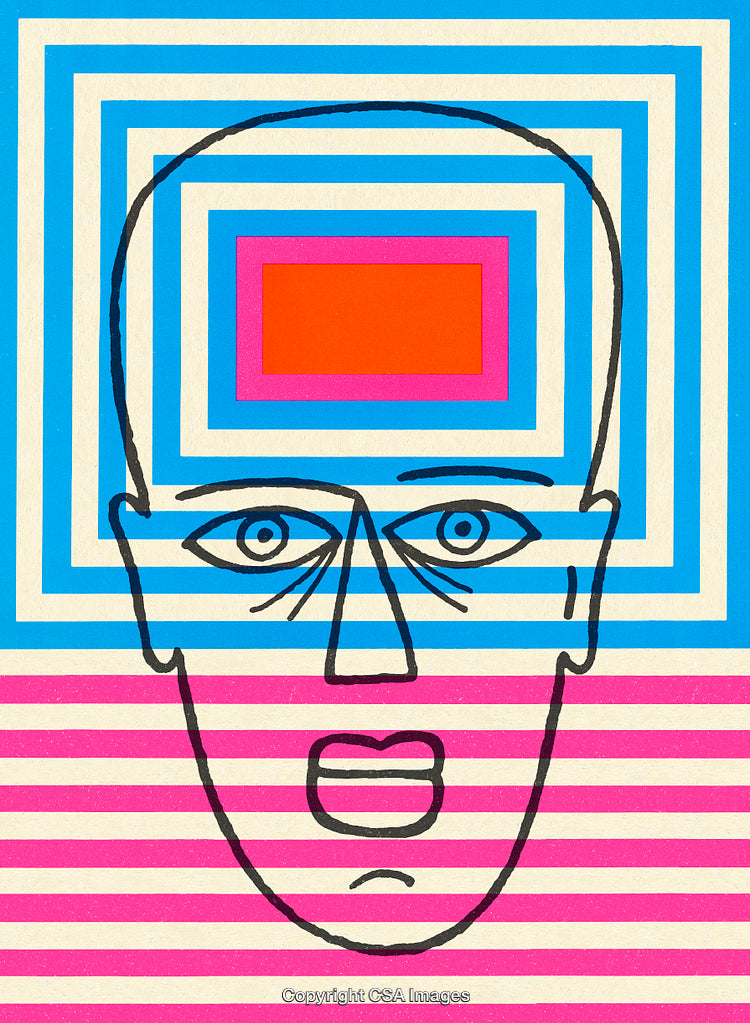 Abstract Geometric Design Featuring a Surreal Face and Vibrant Patterns