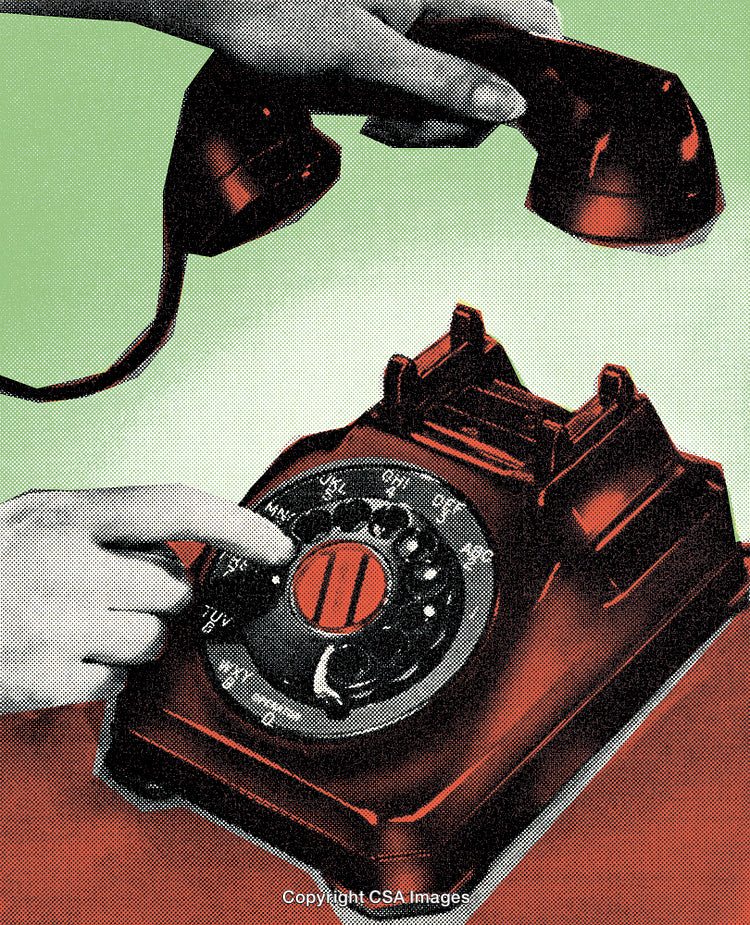 Vintage Rotary Phone With Hand Dialing in Stylized Halftone Art Design