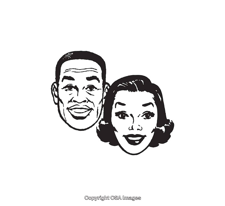 Vintage Line Art Faces of Smiling Couple in Black and White Illustration