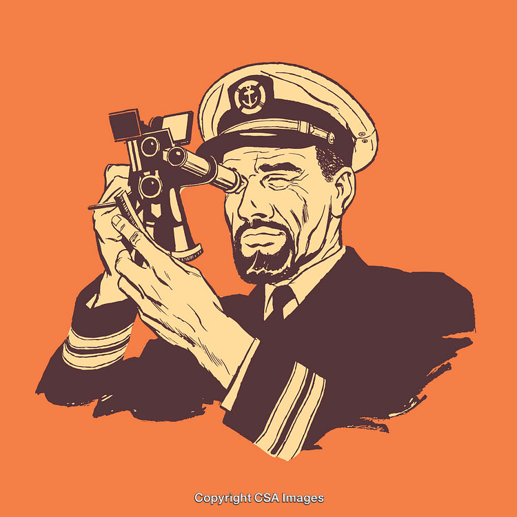 Captain Using Sextant in Vintage Line Art Illustration