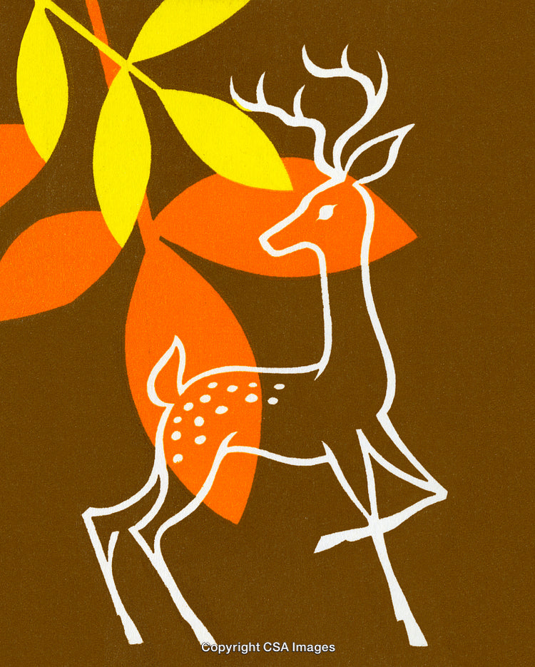 Stylized Deer Illustration with Vibrant Autumn Leaves on Brown Background