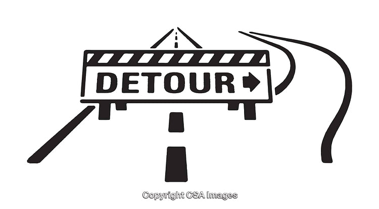 Black And White Illustration of a Detour Sign on a Road