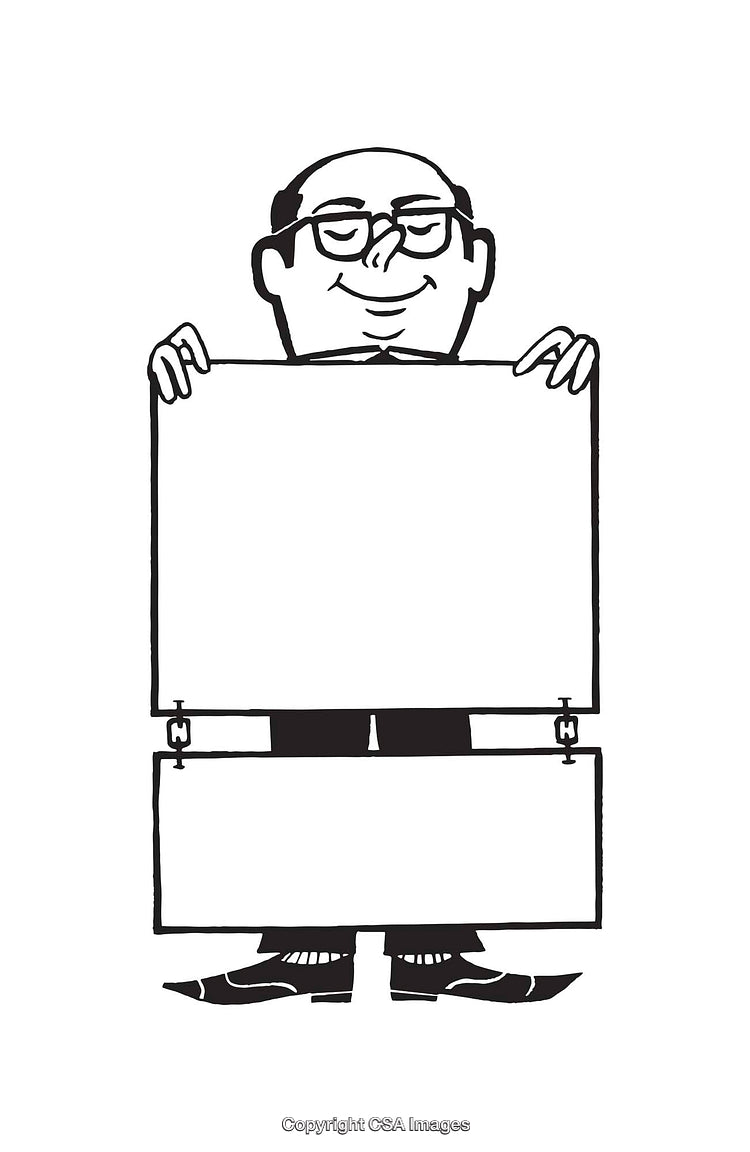 Cartoon Man Holding Two Blank Signs for Custom Messages or Information