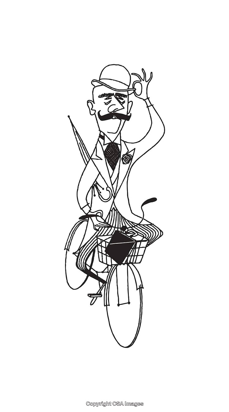 Elegant Gentleman Riding a Bicycle with Umbrella and Bowler Hat Line Art