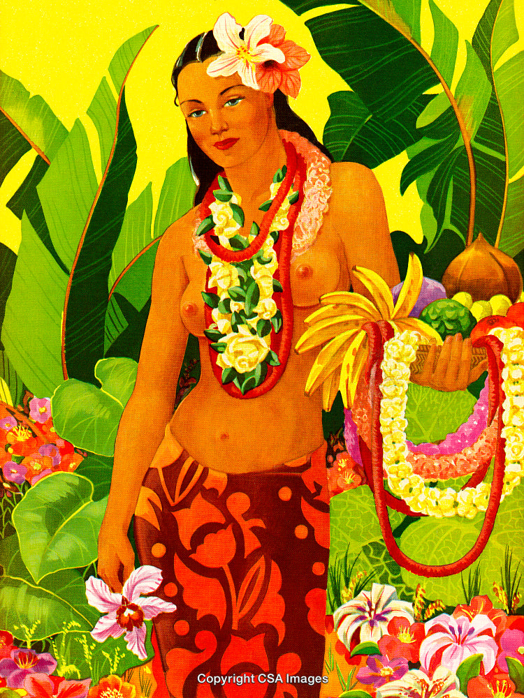 Tropical Island Woman with Colorful Lei and Flowers Surrounded by Lush Greenery