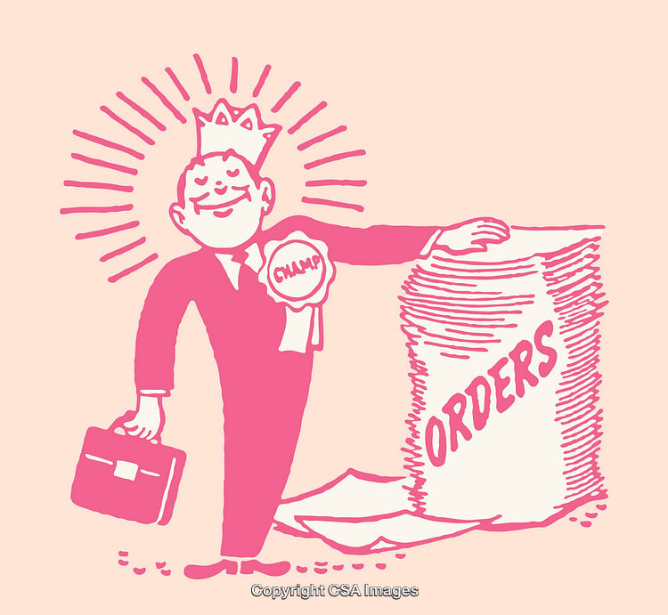 Business Illustration of a Happy Champion Holding a Stack of Orders
