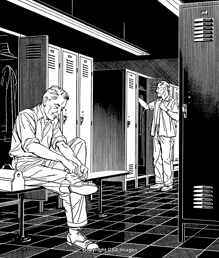 Black and White Engraving of Men in a Locker Room Setting