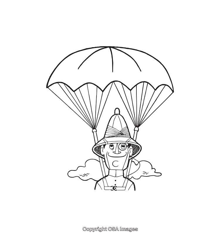 Monochrome Line Art of a Character With a Parachute Depiction