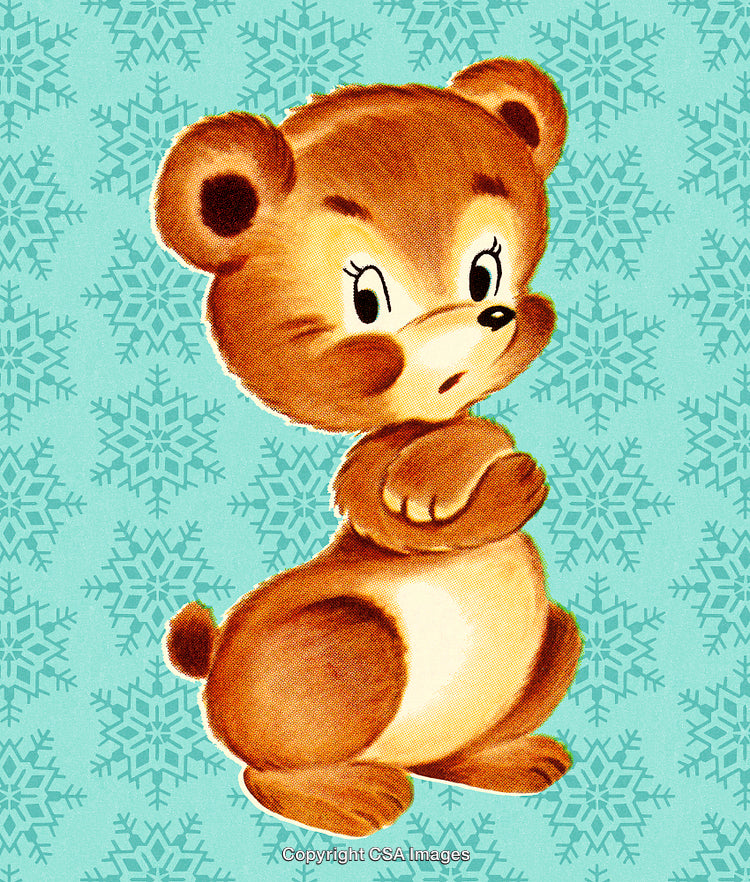 Cute Brown Bear Illustration on Snowflake Patterned Background