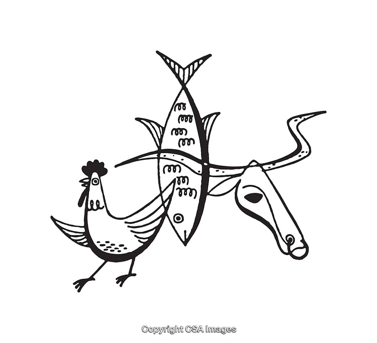 Black and White Line Art Illustration of a Chicken, Fish, and Animal Skull