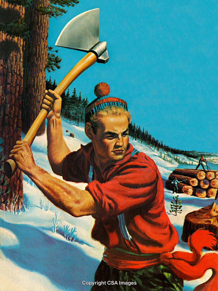 Lumberjack Chopping Wood Outdoors in Snowy Mountain Forest Environment