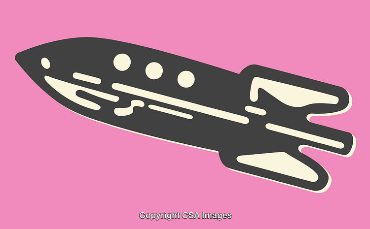 Stylized Vintage Rocket Illustration with Pink Background