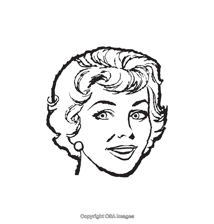 Black and White Line Art Illustration of a Smiling Woman with Curly Hair