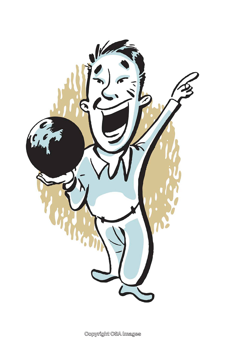Cheerful Cartoon Man Holding a Bowling Ball in a Colorful Illustration