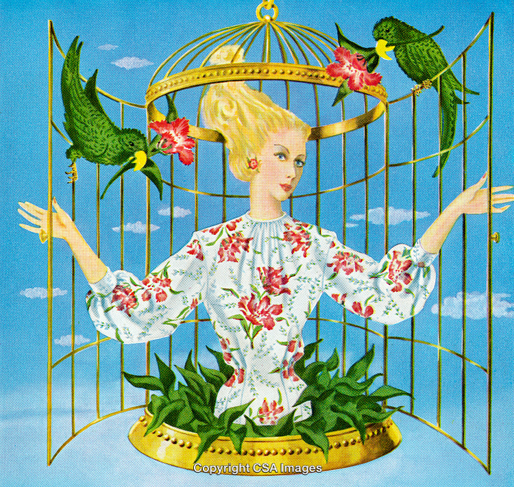 Artistic Woman Surrounded by Nature Inspired Elements in a Birdcage Setting