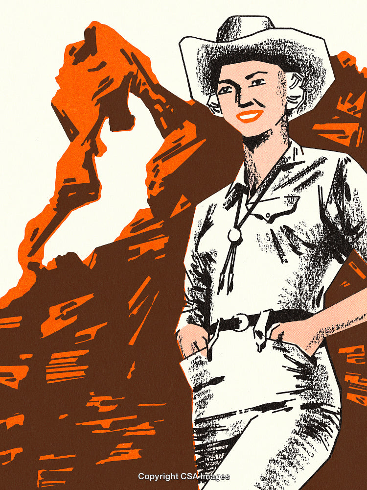 Vintage Illustration of a Cowgirl in Front of Majestic Desert Rocks