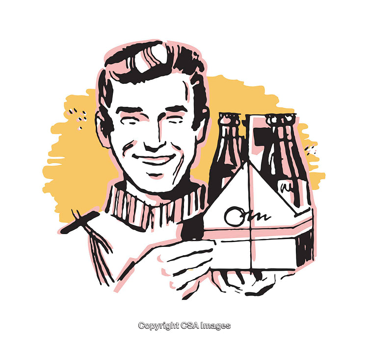Retro Style Illustration of a Man Holding a Six-Pack of Bottles