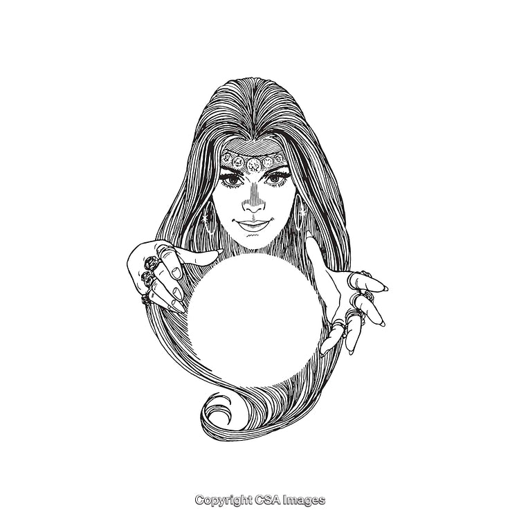 Mystical Gypsy Reader Holding Crystal Ball in Black and White Line Art