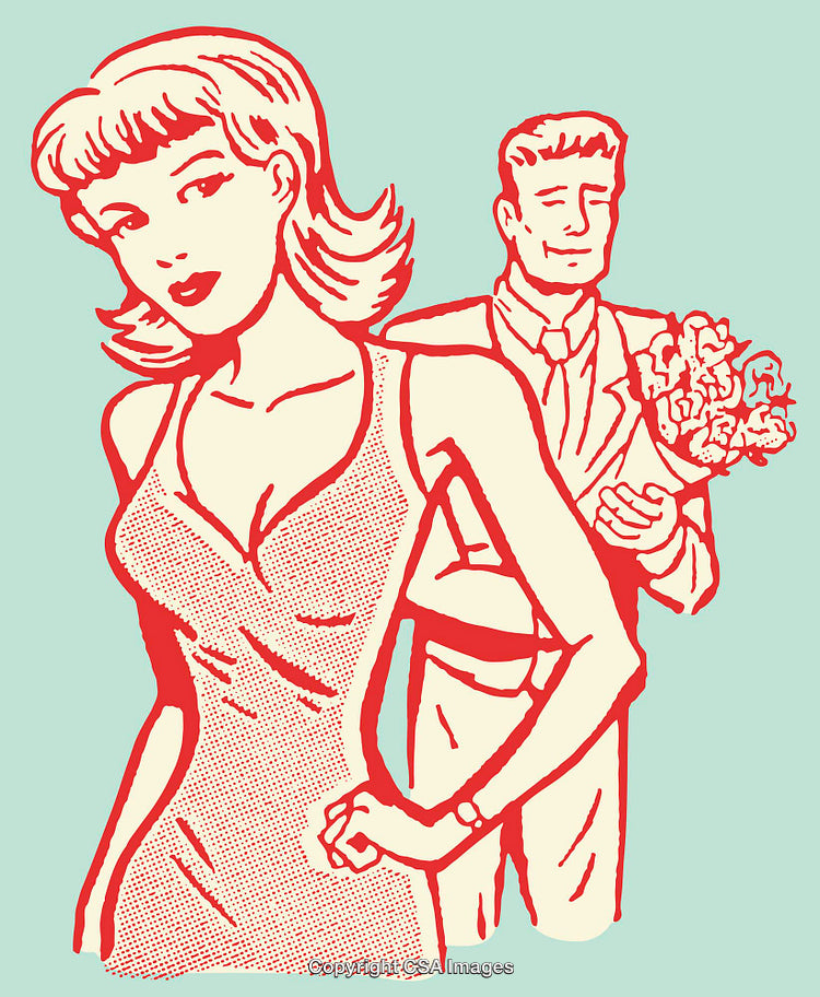 Vintage Romantic Illustration of a Couple with Flowers in Hand