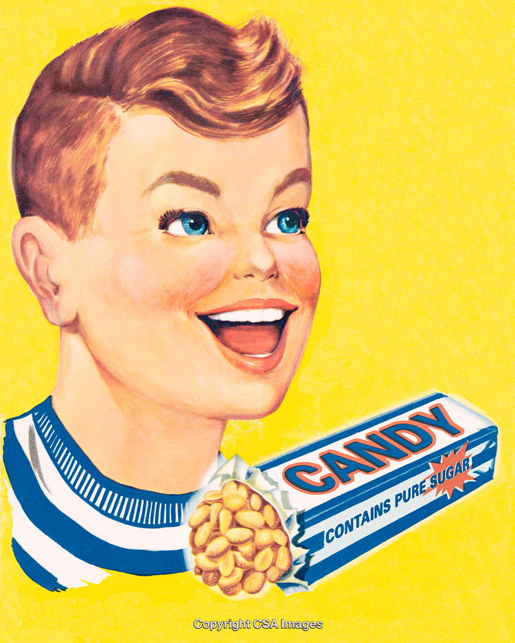 Retro Illustration of a Cheerful Child Enjoying a Candy Bar