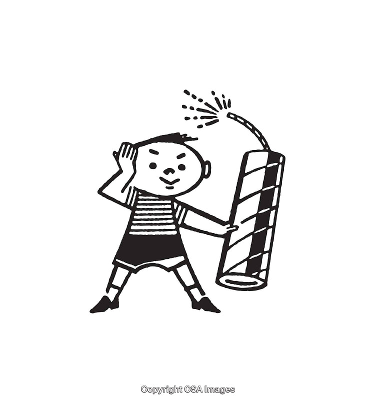 Black And White Line Art Illustration Of A Boy Holding A Firecracker