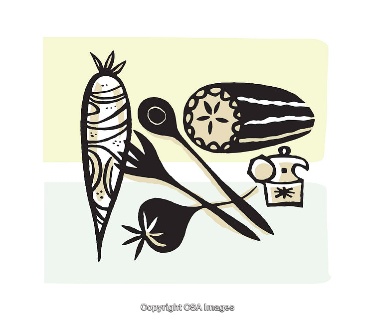 Colorful Illustration Featuring Vegetables, Cooking Utensils, and a Coffee Maker