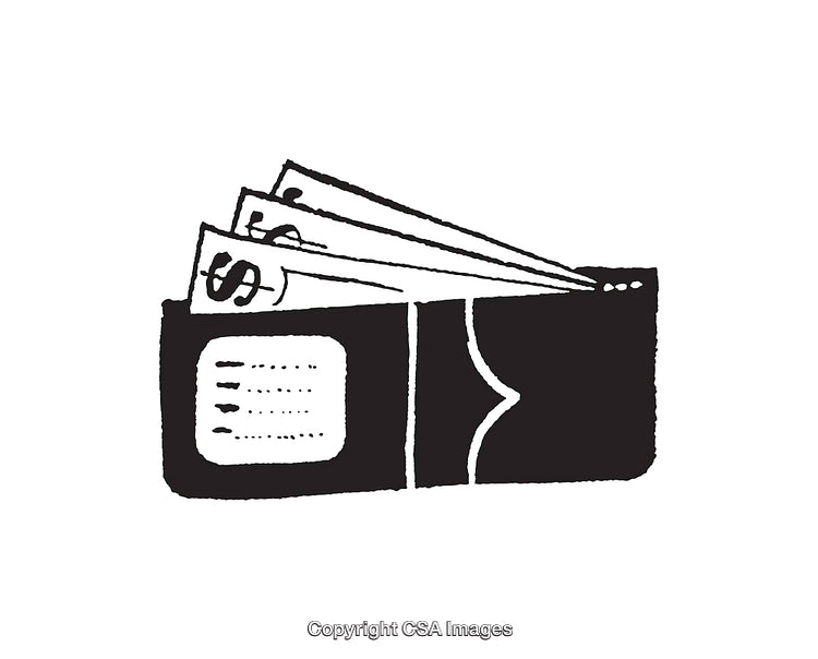 Black and White Illustration of a Wallet with Money and ID Card