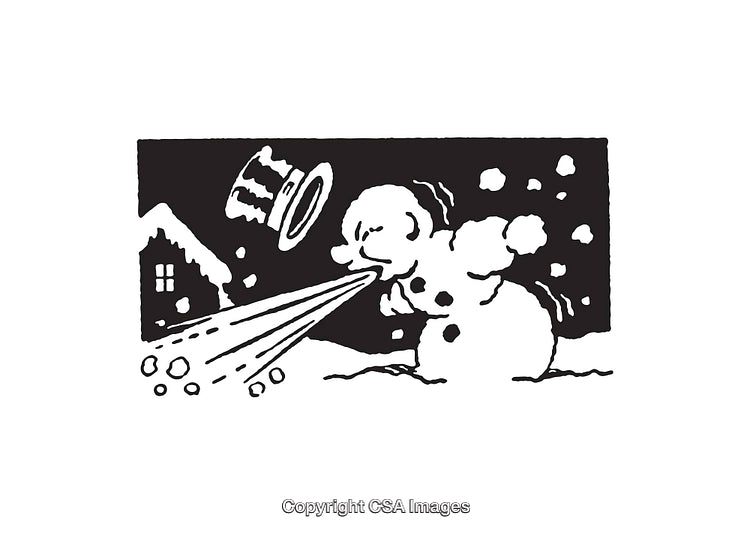 Snowman Blowing Snow in a Wintery Cottage Scene Illustration