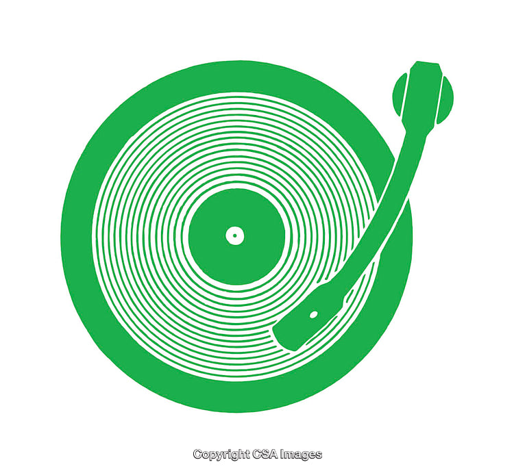 Green Vinyl Record Icon with Stylized Turntable Arm on White
