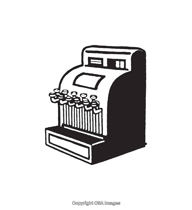 Vintage Black and White Line Art of an Old Cash Register