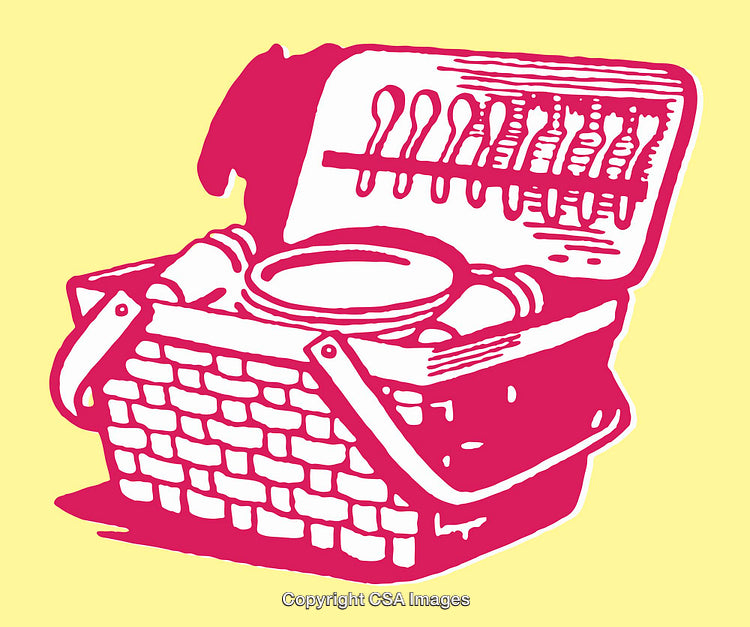 Vintage-Style Line Art Of A Picnic Basket With Detailed Utensils