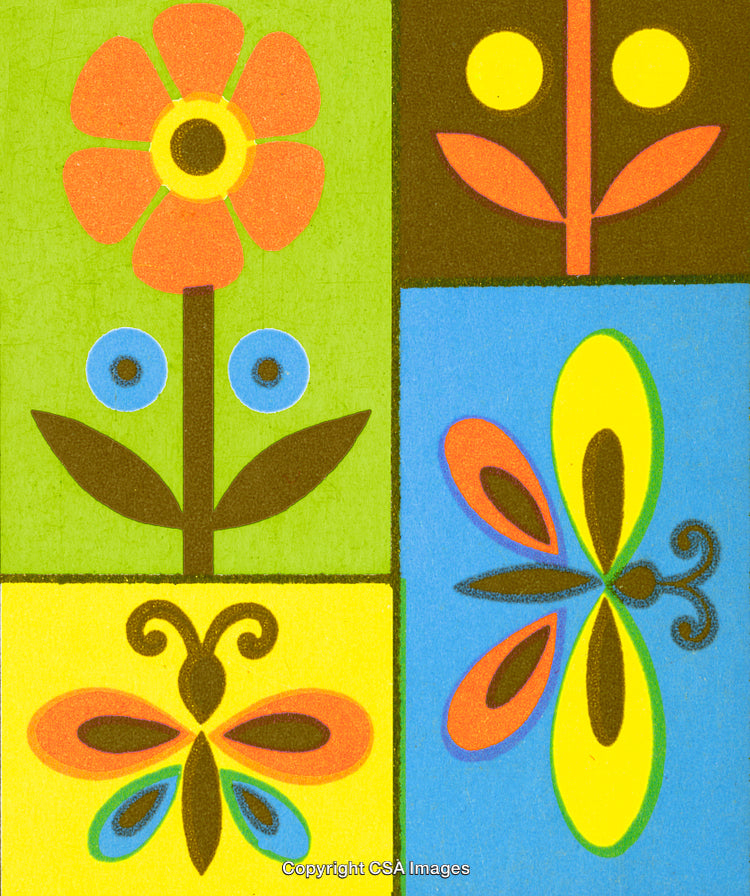 Colorful Geometric Art with Flowers and Butterflies in Vibrant Patterns
