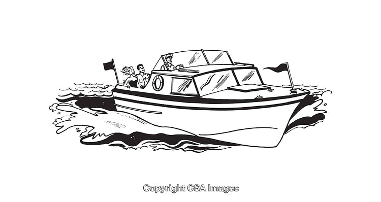 Classic Line Art Illustration of Boat on Water With Passengers