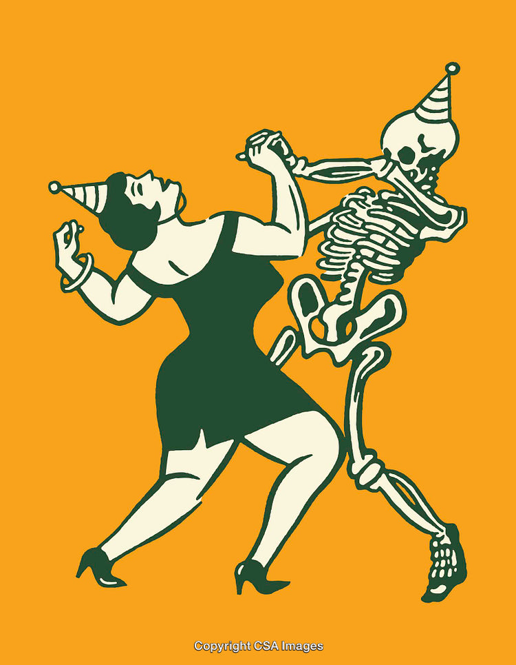 Woman Dancing with Skeleton in Party Hats on Yellow Background