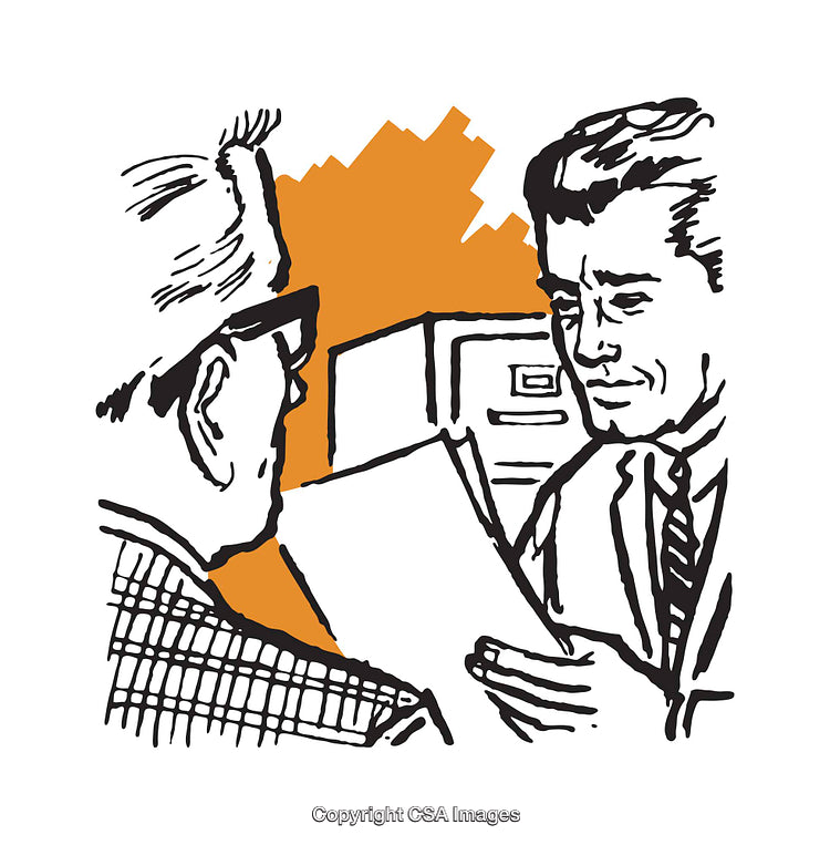 Two Professionals Reviewing Documents in a Retro Office Setting Illustration